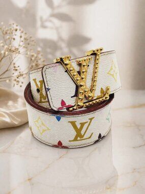 Authentic Louis Vuitton Multicolor Monogram Belt White LV Studded Buckle